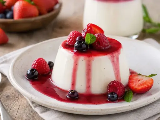 Panna cotta, un dessert italien dont l'origine remonte au début du XXe siècle, servi avec un coulis de fruits rouges et des baies fraîches.