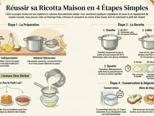 Recette ricotta maison : lait, citron, sel. Chauffer, cailler, égoutter. Conserver 2-4 jours. Déguster sur toasts, pâtes, dessert.