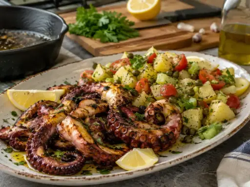 Délicieux poulpe au barbecue, grillé à la perfection, servi avec une salade de pommes de terre, tomates et câpres. Un vrai régal !