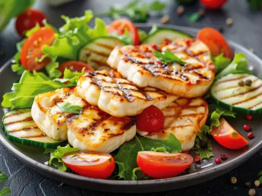 Assiette de halloumi grillé, tomates cerises, concombre et salade verte. Un délice estival.