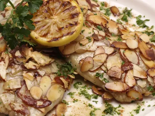 Délicieuse truite aux amandes au four, garnie d'une tranche de citron grillé et de persil frais.