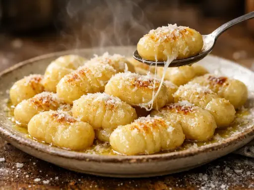 Gnocchis dorés et fumants, saupoudrés de parmesan, prêts à être dégustés. Une recette gnocchi qui fait saliver !