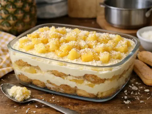 Un délicieux tiramisu ananas, superposant biscuits, crème onctueuse et morceaux d'ananas frais, saupoudré de noix de coco râpée.