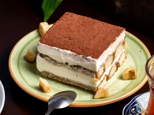 Un tiramisu onctueux, saupoudré de cacao, servi avec des morceaux de fruits. Une idée pour par quoi remplacer le café dans le tiramisu ?