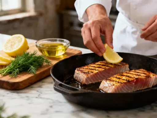 Un chef ajoute une tranche de citron sur du thon frais grillé dans une poêle. Une recette simple et savoureuse.