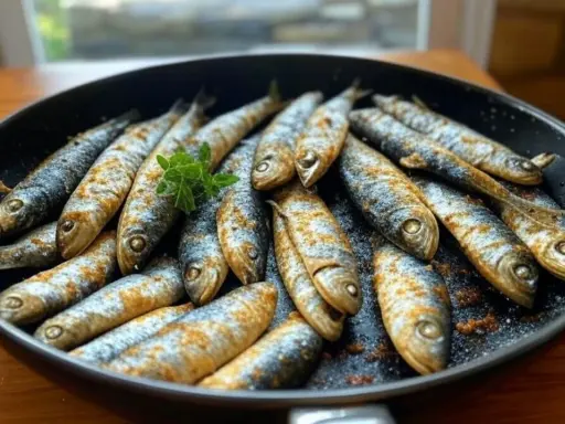 Sardines dorées et assaisonnées dans une poêle, prêtes pour une délicieuse recette sardine. Une touche de persil frais pour la garniture.