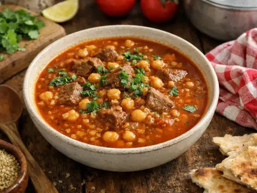 Un bol de chorba frik recette, une soupe réconfortante aux morceaux de viande, pois chiches et herbes fraîches, accompagnée de pain.