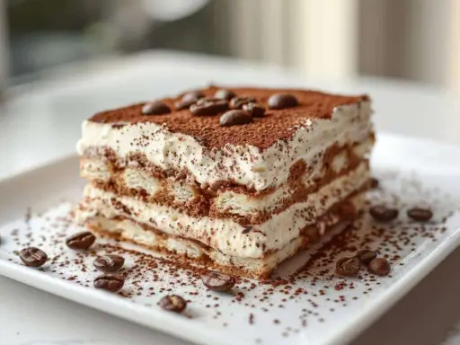 Un tiramisu inratable, crémeux et aérien, saupoudré de cacao et décoré de grains de café. Un délice pour les yeux et les papilles.