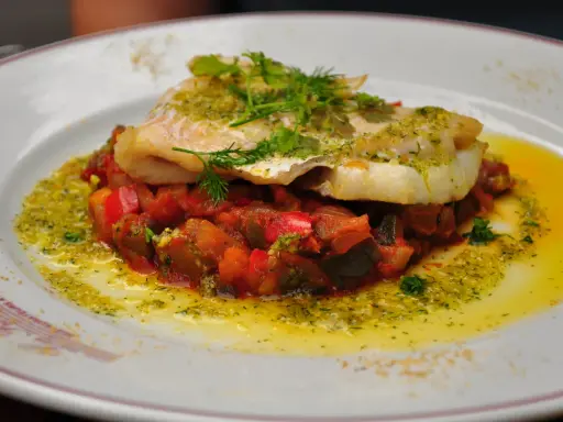 Délicieux dos de cabillaud à la poêle, servi sur un lit de légumes méditerranéens et arrosé d'une sauce verte.