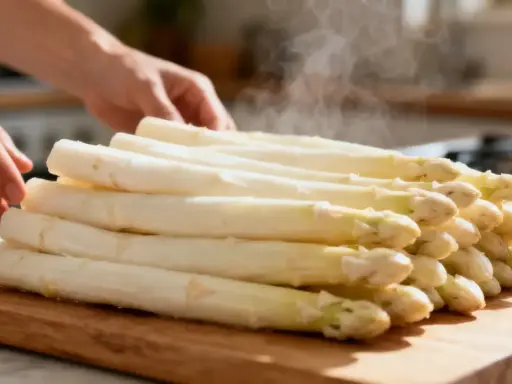 Une pile d'asperges blanches poêlées dégage de la vapeur sur une planche à découper en bois. Des mains ajustent délicatement les légumes.
