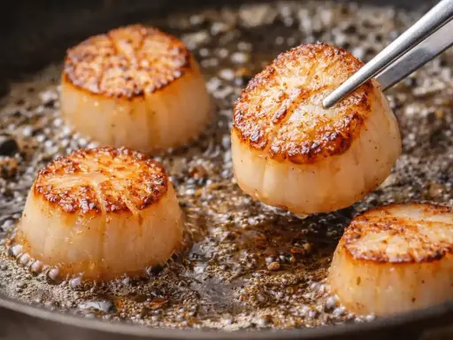 Quatre belles coquilles Saint-Jacques poêlées dans une poêle, dorées et juteuses, prêtes à être dégustées.