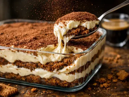 Une cuillère de tiramisu crémeux, saupoudré de cacao, sort d'un plat en verre. Des biscuits tiramisu sont à côté.