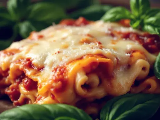 Lasagnes gratinées au fromage fondant, prêtes à être réchauffer au four. Une touche de basilic frais pour parfaire ce plat réconfortant.