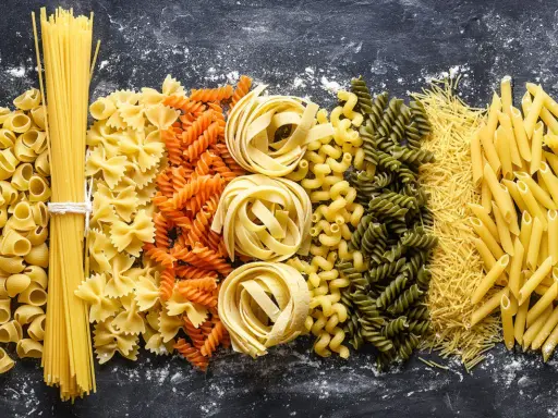 Assortiment de pâtes : spaghetti, farfalle, fusilli, tagliatelle, penne et vermicelles. Un festin de pâtes au blé complet pour tous les goûts.