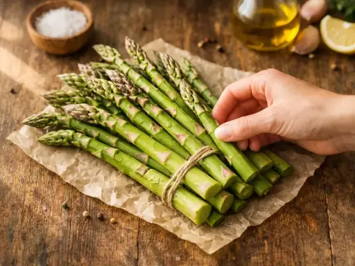 Un bouquet d'asperges vertes fraîches, prêt pour une délicieuse recette. Huile d'olive, citron et ail en arrière-plan.