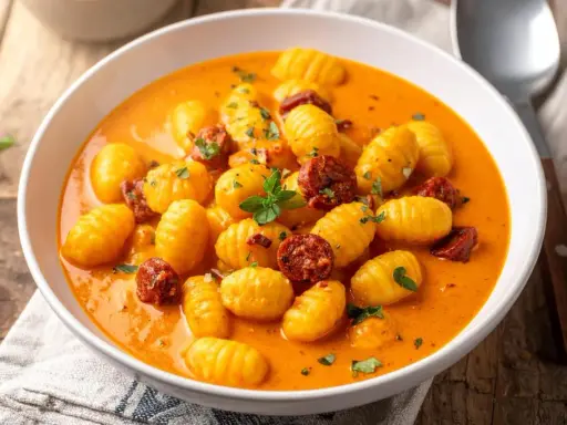 Gnocchi crémeux baignant dans une sauce onctueuse, parsemés de morceaux savoureux de chorizo et d'herbes fraîches. Un délice réconfortant.
