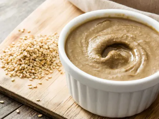 Un bol de tahini crémeux, prêt pour votre prochaine recette, à côté de graines de sésame sur une planche en bois.