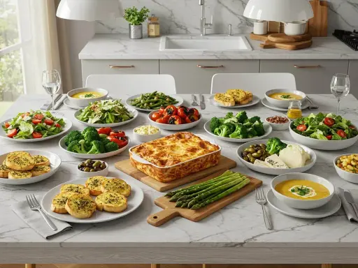 Un festin italien avec une lasagne dorée, des salades fraîches, des légumes croquants et des toasts à l'ail. Un accompagnement lasagne parfait pour un repas convivial.