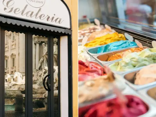 Devant une gelateria romaine, des bacs de glaces italiennes aux couleurs vives invitent à la dégustation.