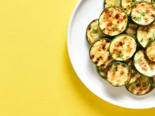 Courgettes rondes grillées à l'air fryer, parsemées d'herbes fraîches, sur une assiette blanche, sur fond jaune vif.
