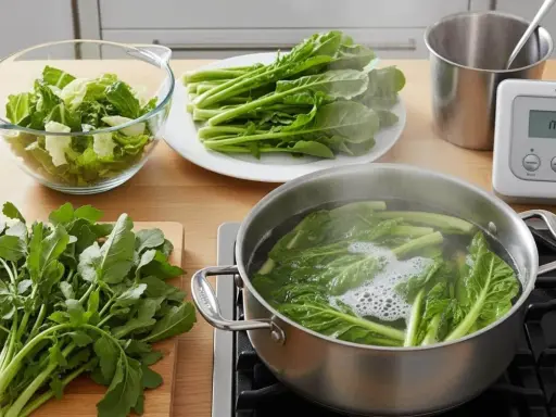 Préparation pour la cuisson d'épinards frais. Des légumes verts bouillonnent dans une casserole, d'autres attendent sur une assiette et une planche à découper.