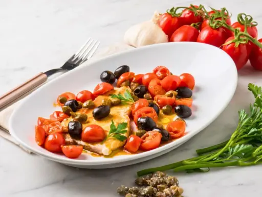 Filet de merlan servi avec tomates cerises, olives noires et câpres. Une assiette colorée et savoureuse.