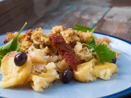 Morue à bras, un plat réconfortant avec des flocons de poisson, des olives noires, des tomates séchées et une touche de persil frais.
