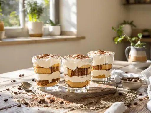 Trois verrines de tiramisu sans mascarpone, joliment superposées, saupoudrées de cacao.