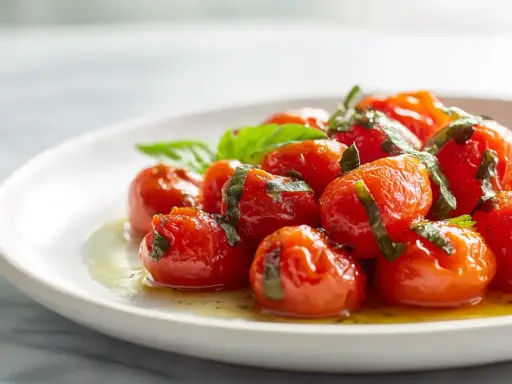 Tomates cerises confites, une recette simple et savoureuse, garnies de basilic frais sur une assiette blanche.