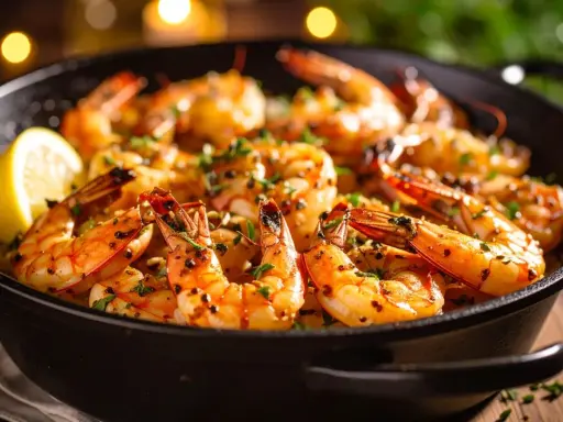 Gambas poêlées, dorées et savoureuses, prêtes à être dégustées. Une recette simple et rapide pour un plat plein de saveurs.