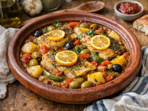 Un savoureux tajine de poisson aux olives, tomates, pommes de terre et rondelles de citron, garni de persil frais.