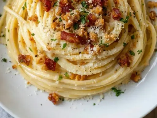 Un plat de pâtes carbonara végétariennes, garni de chapelure croustillante et de persil frais.