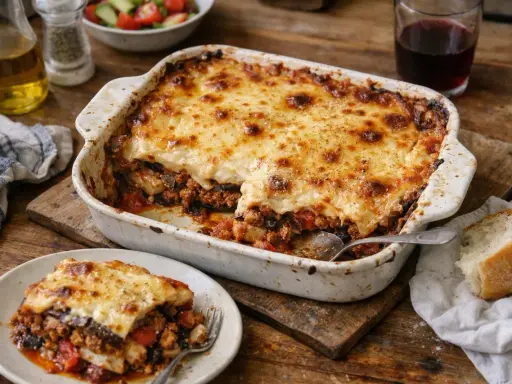 Un plat de moussaka gratinée, prêt à être dégusté. Une portion est servie sur une assiette, accompagnée de pain et d'une salade.