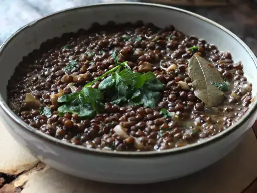 Un plat de cuisson lentilles vertes, garni de persil frais et d'une feuille de laurier. Un délice simple et réconfortant.