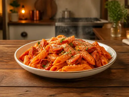 Un plat fumant de pâtes penne avec une sauce crémeuse et des rondelles de chorizo épicé, saupoudré de persil frais et de parmesan. Un délice de pâtes au chorizo.