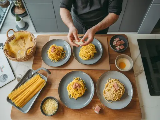 Préparation de la carbonara : des spaghetti sont dressés sur des assiettes, avec du guanciale, des œufs et du parmesan. Quelles pâtes pour carbonara ? Les spaghetti sont parfaits !