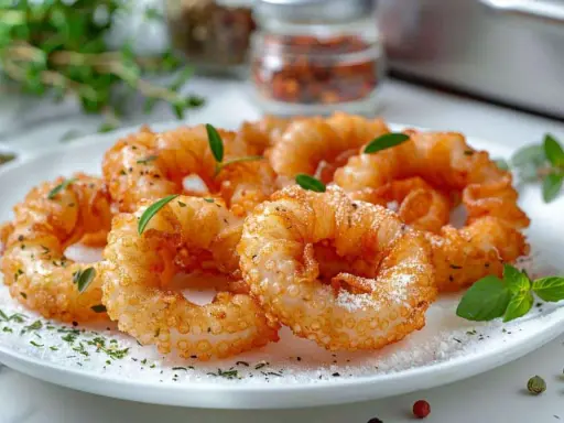 Anneaux d'encornet croustillants, dorés à la perfection. La cuisson encornet réussie pour un délice croquant, garni d'herbes fraîches.