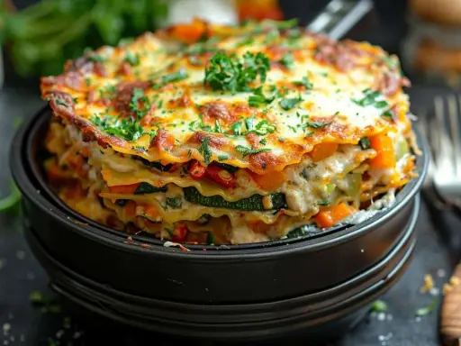 Lasagne diététique aux légumes colorés, gratinée et garnie de persil frais. Un plat savoureux et léger.