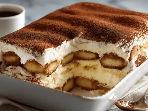 Un délicieux tiramisu sans alcool, crémeux et généreusement saupoudré de cacao, prêt à être dégusté avec une tasse de café.