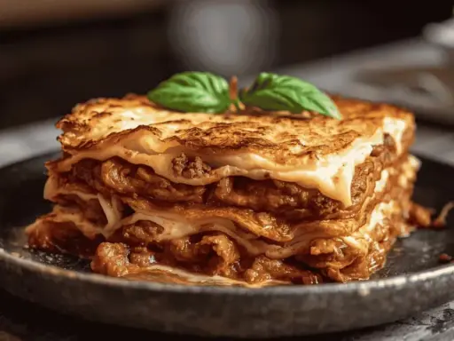 Une part de lasagne à la béchamel, garnie de feuilles de basilic, prête à être dégustée.