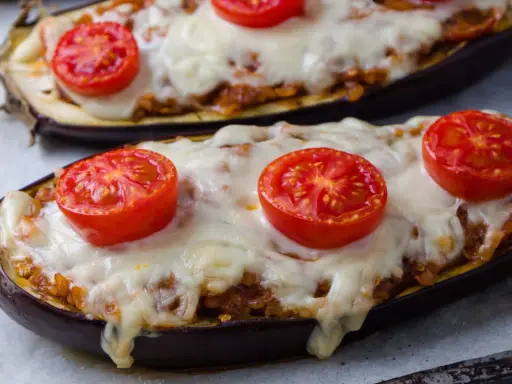 Deux aubergines farcies, garnies de tomates et de fromage fondu, prêtes à être dégustées.