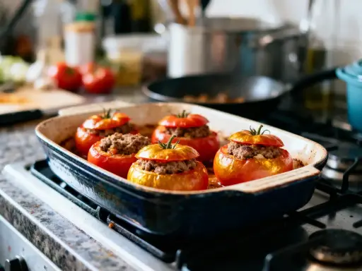 Cinq tomates farcies à la viande, prêtes pour le temps de cuisson. Elles reposent dans un plat allant au four sur une cuisinière.