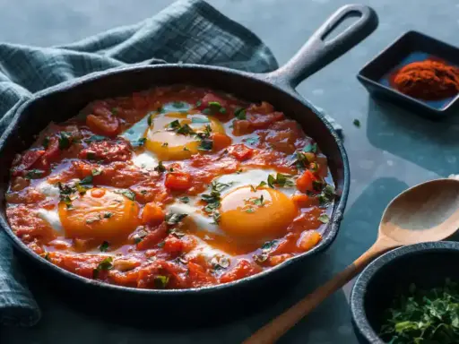 Poêle de shakshuka, un plat savoureux avec des œufs pochés dans une sauce tomate épicée, parfait pour une recette facile.