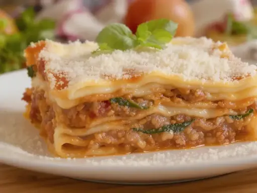 Une part généreuse de lasagne sans béchamel, avec sa garniture savoureuse et sa touche de crème fraîche, est saupoudrée de parmesan et décorée de basilic frais.