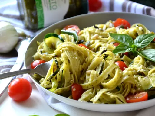 Un plat de tagliatelles de courgettes, tomates cerises et pesto, garni de basilic frais et de pignons de pin.