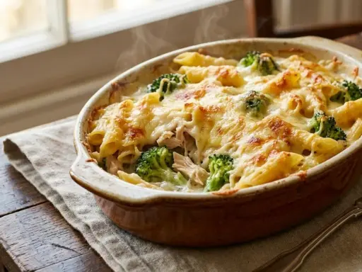 Un plat de cuisson gratin de pâtes fumant, garni de brocolis et de fromage doré, prêt à être dégusté.