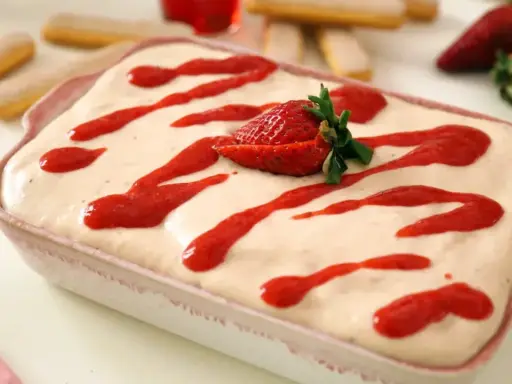 Tiramisu fraise crémeux, avec 500g de mascarpone, garni de coulis de fraises et d'une fraise fraîche.