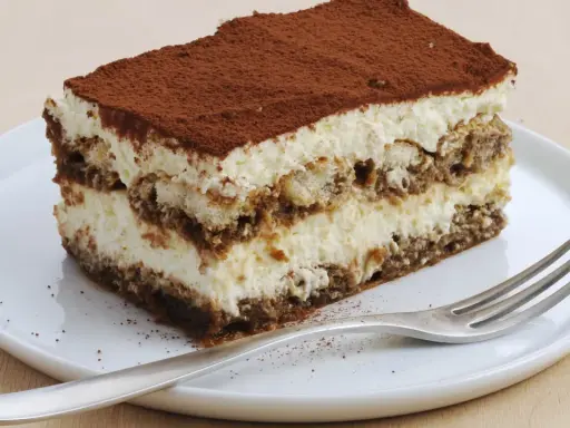 Une part de tiramisu sans oeuf, légère et aérienne, saupoudrée de cacao, sur une assiette blanche avec une fourchette.