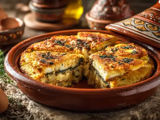 Un délicieux tajine tunisien aux couches savoureuses, servi dans un plat en terre cuite orné. Des œufs frais et des herbes complètent cette scène culinaire.