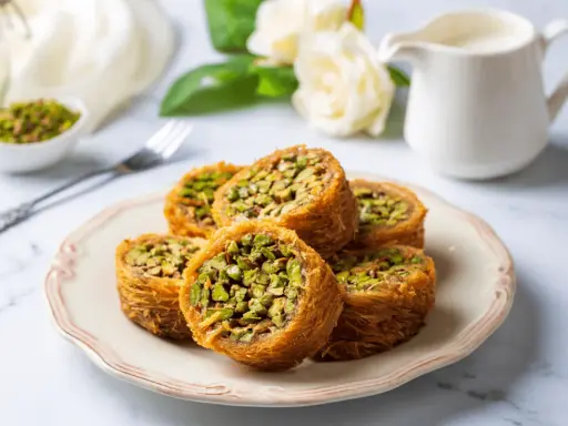 Des rouleaux dorés de kadaif, c'est quoi ? Une pâtisserie croustillante aux pistaches, servie sur une assiette avec des roses en arrière-plan.